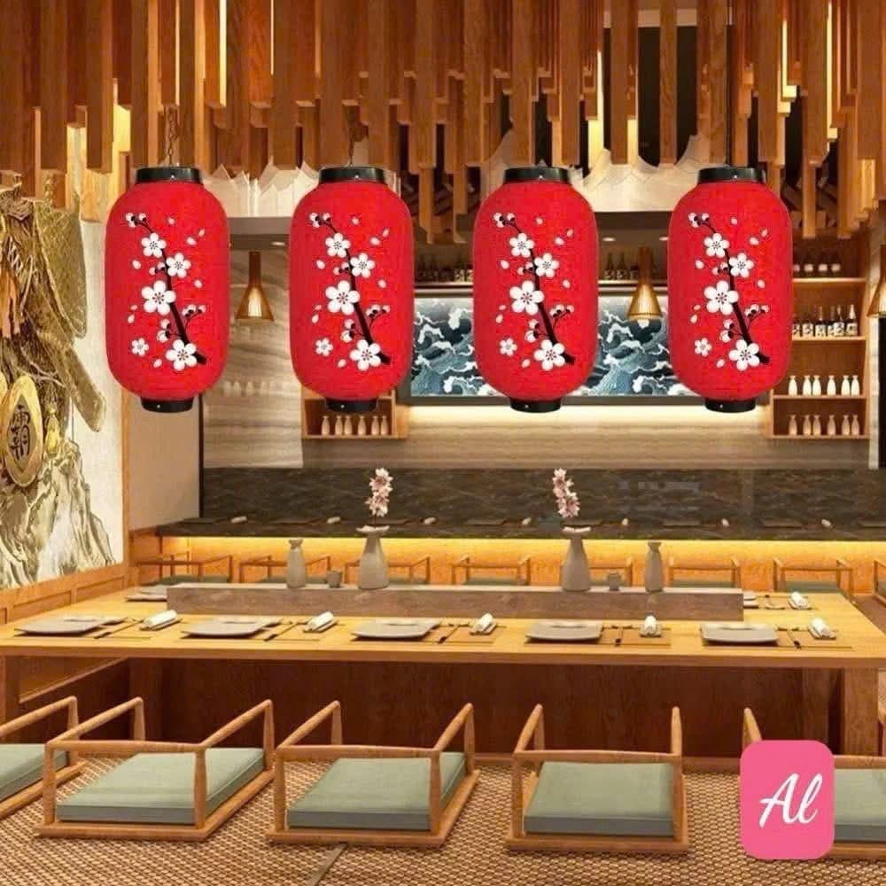 Đèn lồng trụ vải hoa đào đỏ trang trí decor Tết, nhà hàng truyền thống.