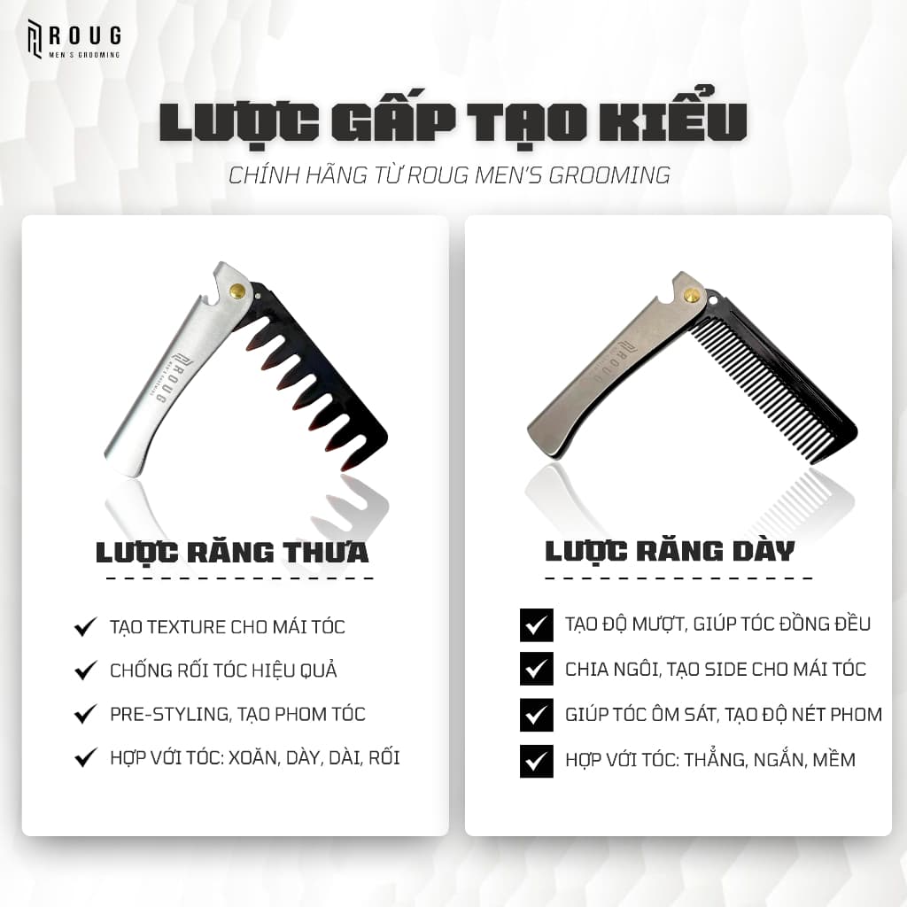 Lược Gấp Roug Men's Grooming Bỏ Túi Cao Cấp - Chất liệu thép chính hãng nam nữ răng thưa mau