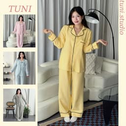 Bộ Đồ Ngủ Pijama Kẻ Sọc Áo Dài Quần Dài Phối Viền Xinh Tuni.studio PJMKS01 1