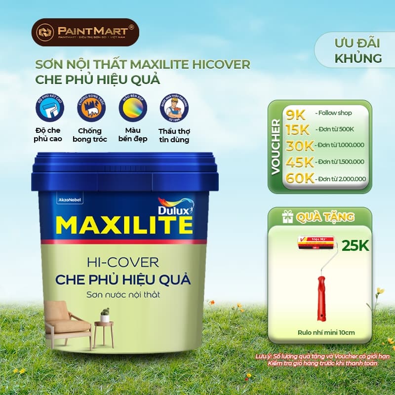 (5 lít) Sơn tường trong nhà MAXILITE MK14 độ che phủ cao, dễ thi công thích hợp sơn lại tường cũ - phân khúc kinh tế