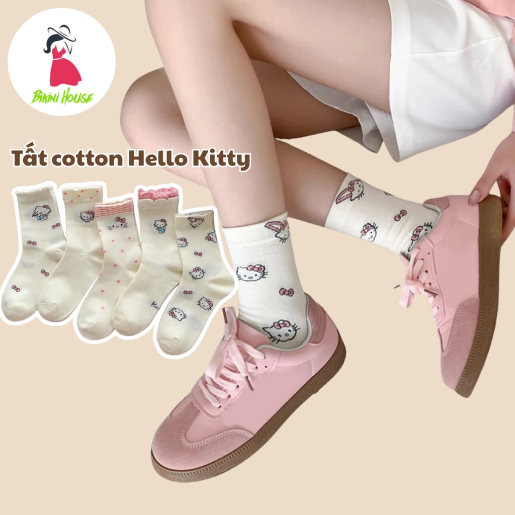 Set 5 Đôi Tất Vớ Cotton Cổ Cao Nữ Hình Hello Kitty Đáng Yêu Phong Cách Nhật Bản tt86