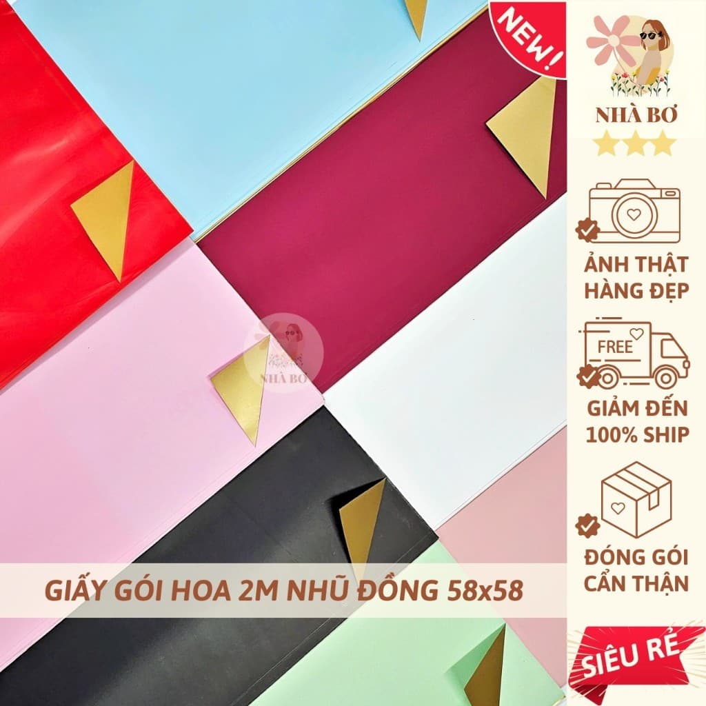 20 giấy gói hoa trơn 2 mặt nhũ đồng ánh kim 58x58 dày form không thấm handmade DIY 
