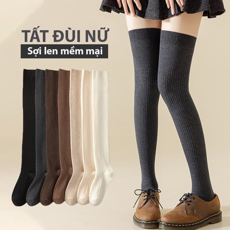 Tất đùi nữ vintage Vớ dài nữ sợi Cotton len tăm cao cấp mềm nhẹ co giãn thoải mái