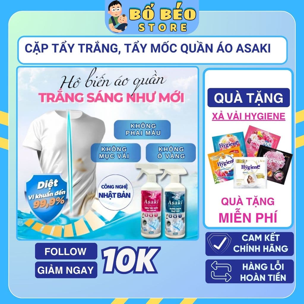 Combo tẩy trắng quần áo Asaki 500ml, tẩy mốc, ố vàng, không phai màu, dùng được cho vải trắng, màu