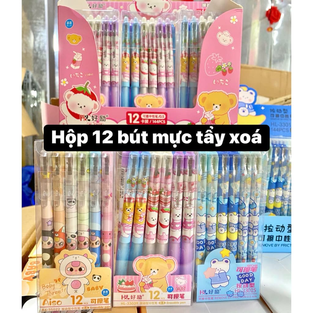 Hộp 12 Bút mực gel tẩy được mực đen, xanh, tím hình cute, bút gel mực tím xóa được, bút bi tẩy được