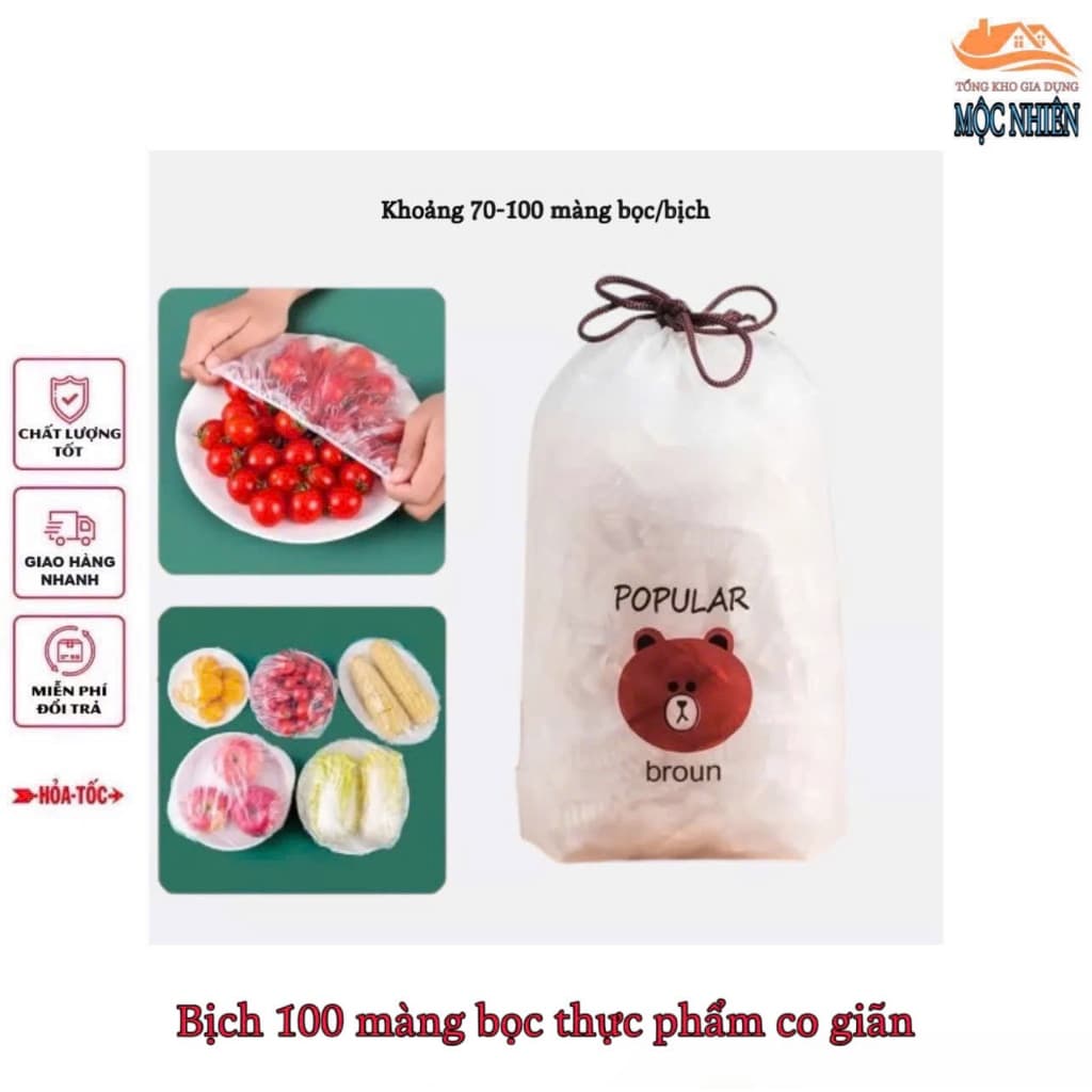 [Combo] Bịch 100 màng bọc thực phẩm, túi bọc thực phẩm nilon bo chun co giãn, tái sử dụng