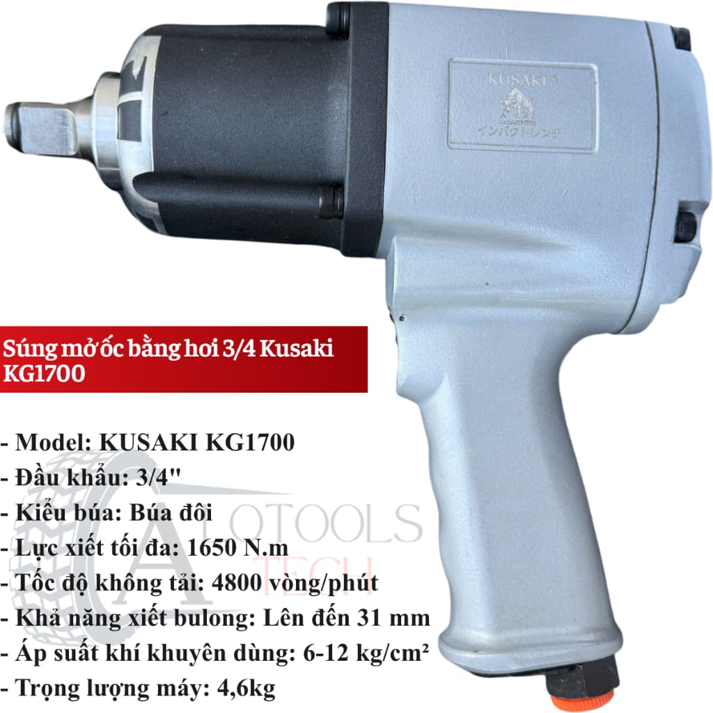 Súng mở ốc bằng hơi 3/4 Kusaki KG1700 siêu nhẹ lực xiết 1650N, máy xiết mở ốc bu lông