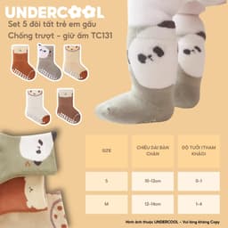 Set 5 Đôi Tất Sơ Sinh Chống Trượt UNDERCOOL Combo 5 vớ Cho Bé Trai Bé Trai - Gái 0-4 Tuổi Hình Gấu Giữ Ấm Cổ Ngắn TC131 8