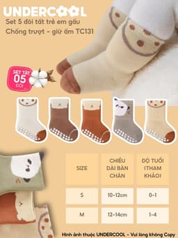 Set 5 Đôi Tất Sơ Sinh Chống Trượt UNDERCOOL Combo 5 vớ Cho Bé Trai Bé Trai - Gái 0-4 Tuổi Hình Gấu Giữ Ấm Cổ Ngắn TC131 17