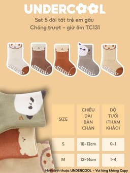 Set 5 Đôi Tất Sơ Sinh Chống Trượt UNDERCOOL Combo 5 vớ Cho Bé Trai Bé Trai - Gái 0-4 Tuổi Hình Gấu Giữ Ấm Cổ Ngắn TC131 15