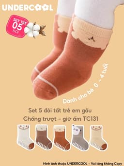 Set 5 Đôi Tất Sơ Sinh Chống Trượt UNDERCOOL Combo 5 vớ Cho Bé Trai Bé Trai - Gái 0-4 Tuổi Hình Gấu Giữ Ấm Cổ Ngắn TC131 14