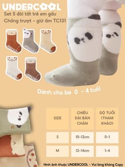 Set 5 Đôi Tất Sơ Sinh Chống Trượt UNDERCOOL Combo 5 vớ Cho Bé Trai Bé Trai - Gái 0-4 Tuổi Hình Gấu Giữ Ấm Cổ Ngắn TC131 16