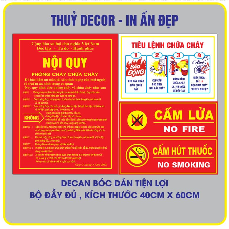 DECAL Bộ Nội Quy, Tiêu Lệnh Phòng Cháy Chữa Cháy, Cấm Lửa, Cấm Hút Thuốc