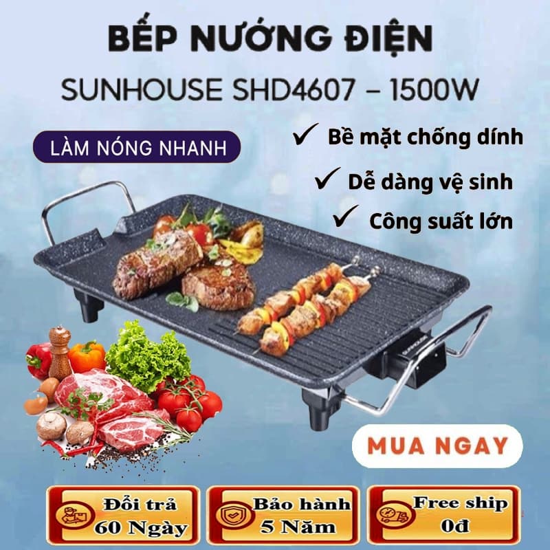 Bếp Nướng Điện Không Khói SUNHOUSE SHD4607, Bếp Nướng Điện công suất 1500w, 5 mức nhiệt, mặt tráng men chống dính