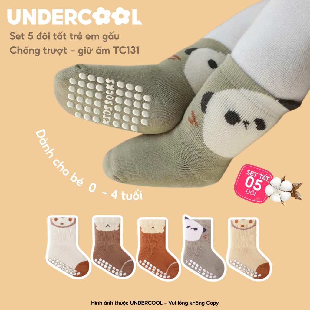Set 5 Đôi Tất Sơ Sinh Chống Trượt UNDERCOOL Combo 5 vớ Cho Bé Trai Bé Trai - Gái 0-4 Tuổi Hình Gấu Giữ Ấm Cổ Ngắn TC131