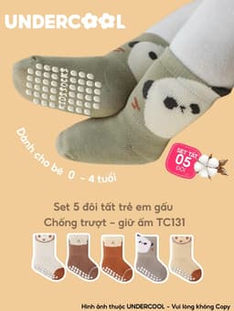 Set 5 Đôi Tất Sơ Sinh Chống Trượt UNDERCOOL Combo 5 vớ Cho Bé Trai Bé Trai - Gái 0-4 Tuổi Hình Gấu Giữ Ấm Cổ Ngắn TC131 10