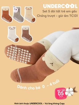 Set 5 Đôi Tất Sơ Sinh Chống Trượt UNDERCOOL Combo 5 vớ Cho Bé Trai Bé Trai - Gái 0-4 Tuổi Hình Gấu Giữ Ấm Cổ Ngắn TC131 12