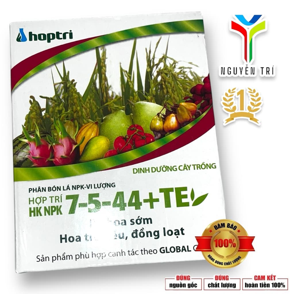 1 Hộp 25 gói NPK 7-5-44+TE Hợp Trí (Gói 40g) - Kích Thích Ra Hoa Sớm, Trổ Bông Đồng Loạt, Chắc Hạt