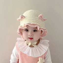 Mũ bèo nơ cho bé gái, mũ bịt tai dệt kim họa tiết hoa phong cách Hàn Quốc 3