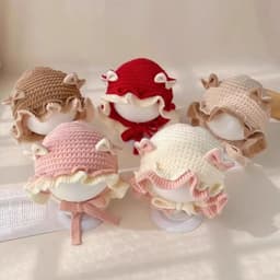 Mũ bèo nơ cho bé gái, mũ bịt tai dệt kim họa tiết hoa phong cách Hàn Quốc 5