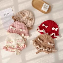 Mũ bèo nơ cho bé gái, mũ bịt tai dệt kim họa tiết hoa phong cách Hàn Quốc 7