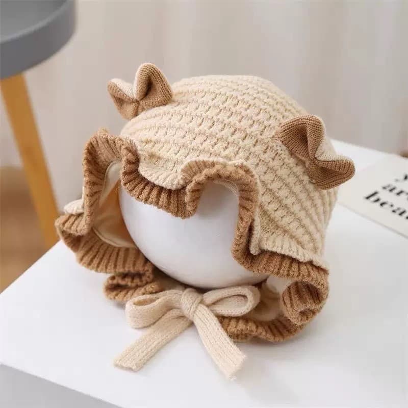 Mũ bèo nơ cho bé gái, mũ bịt tai dệt kim họa tiết hoa phong cách Hàn Quốc