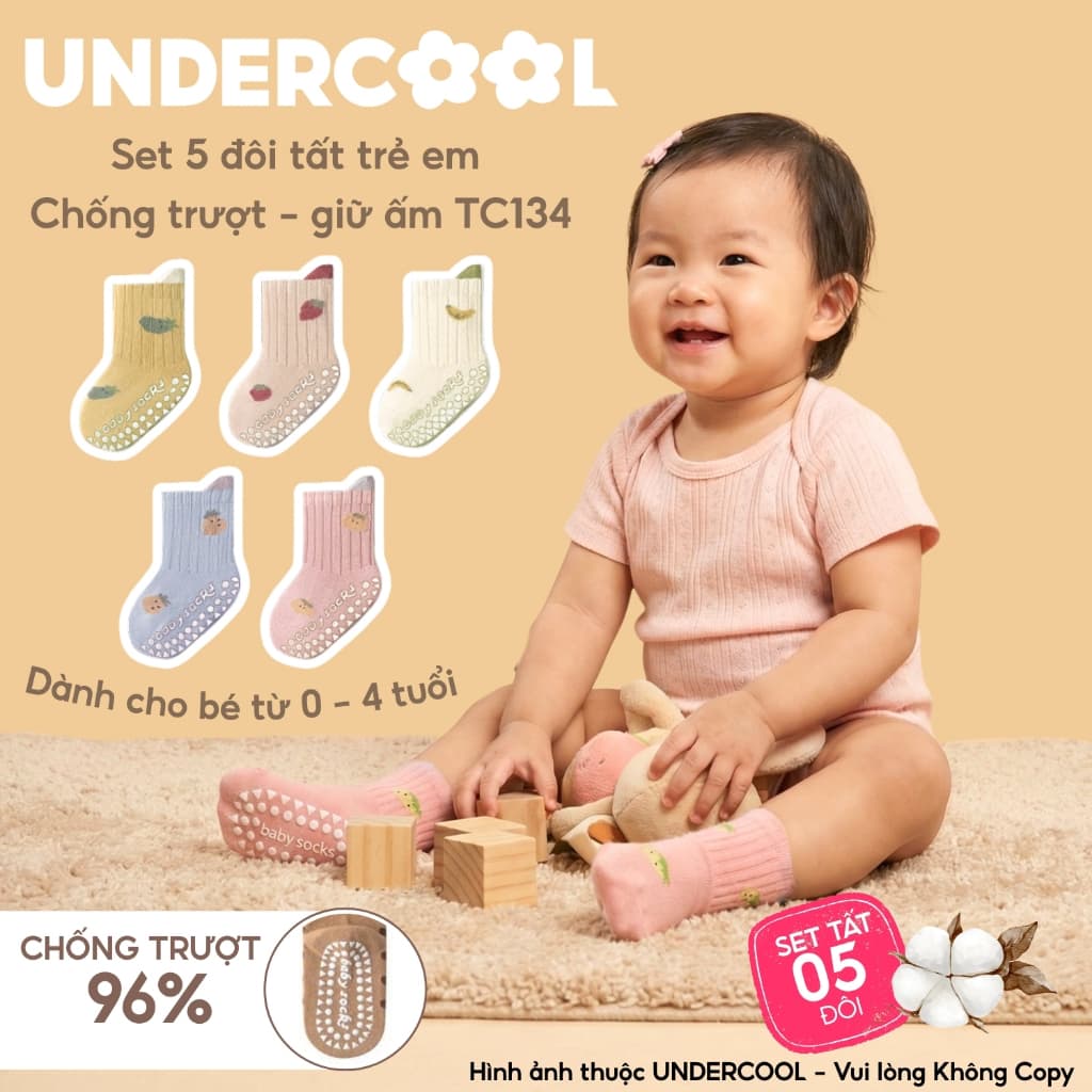 Set 5 Đôi Tất Trẻ Em Chống Trượt UNDERCOOL Combo 5 đôi Vớ Cổ Cao Giữ Ấm Cotton Cho Bé 0-4 Tuổi TC134