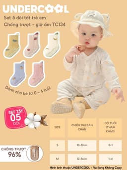 Set 5 Đôi Tất Trẻ Em Chống Trượt UNDERCOOL Combo 5 đôi Vớ Cổ Cao Giữ Ấm Cotton Cho Bé 0-4 Tuổi TC134 12