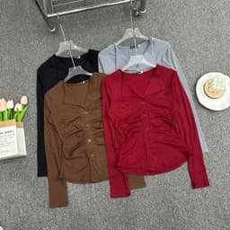 Áo Thun Nữ Tay Dài Cổ Bẻ Bigsize ESHOP Áo Thun Thiết Kế Cài Nút Thun Gân Tăm Co Giãn Thoải Mái MS535 4