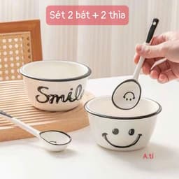 Sét Bộ 2 Bát Ăn Cơm Gốm Sứ Kèm 2 Thìa. Bộ 2 Bát Và 2 Thìa Được In Hình Họa Tiết Xinh Sắn Và Dễ Thương 9