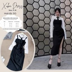 Xukadress_Set đầm yếm, set bộ đen cá tính, set váy yếm đen gồm: áo sơmi trắng, đầm đen, cavat lịch sự 2