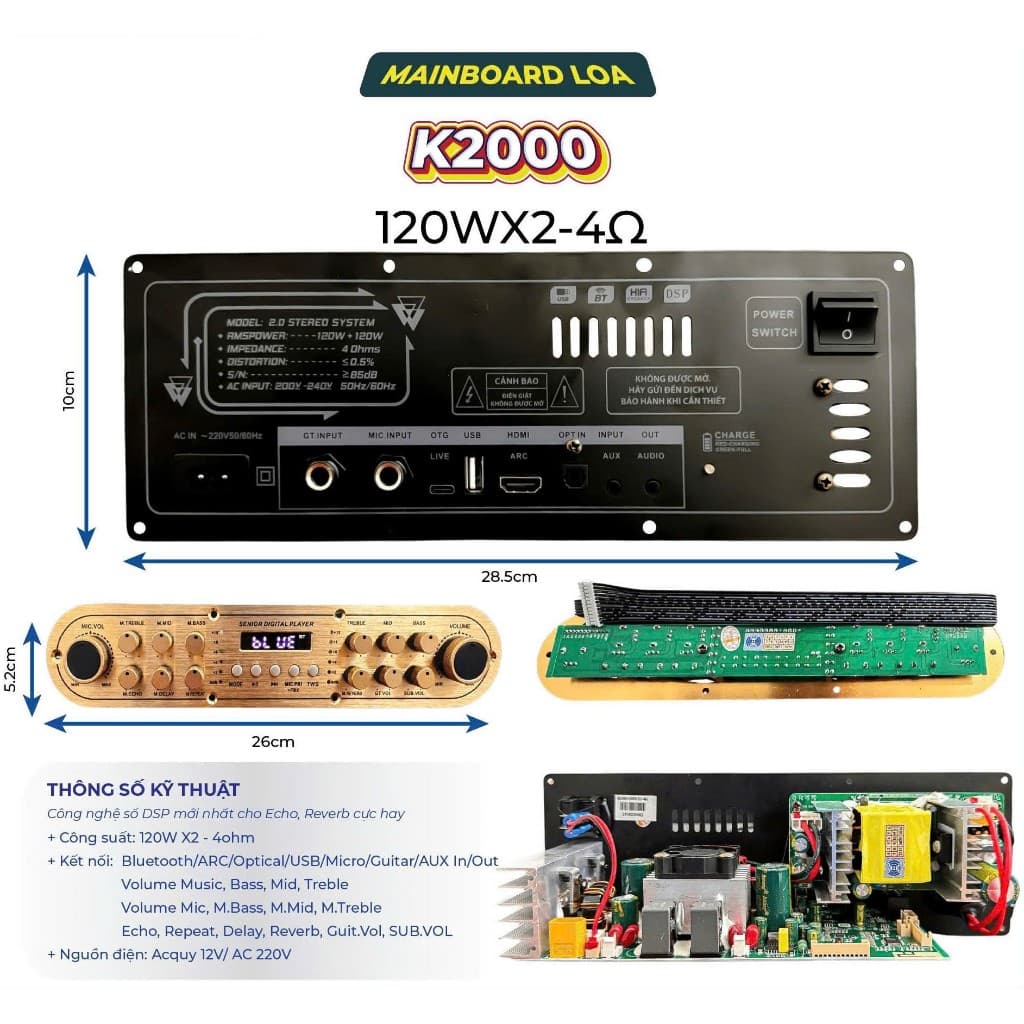 MẠCH LOA KÉO K2000 CÔNG SUẤT LỚN 240W 2 KÊNH CÓ CHẾ ĐỘ BASS BOOST