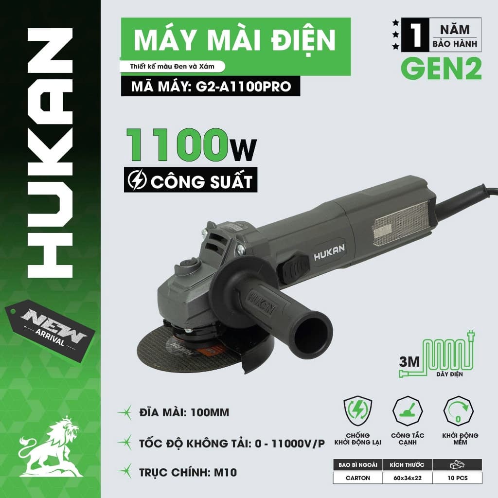Máy Mài Cầm Tay HUKAN G2-A1100PRO, 1100w, 6 cấp tốc độ MAX - Chống khởi động lại, Khởi động mềm