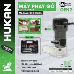 Máy phay gỗ cầm tay HUKAN (GEN 2) G2-SG0635, Công suất 700w Tốc độ 32.000v/p, Kèm bộ phụ kiện đầy đủ 1
