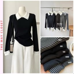 𝑨𝒏𝒏 𝑺𝒕𝒖𝒅𝒊𝒐 x 𝐐𝐂𝐂𝐂] Áo Len Nữ Dài Tay Cổ Polo Phối Tay, Áo Len Cổ Bẻ Tay Dài Form Ôm Phong Cách Hàn Quốc 1