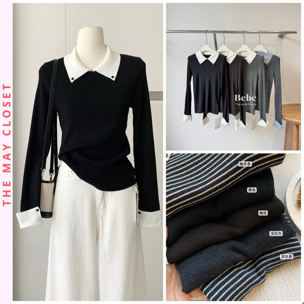𝑨𝒏𝒏 𝑺𝒕𝒖𝒅𝒊𝒐 x 𝐐𝐂𝐂𝐂] Áo Len Nữ Dài Tay Cổ Polo Phối Tay, Áo Len Cổ Bẻ Tay Dài Form Ôm Phong Cách Hàn Quốc