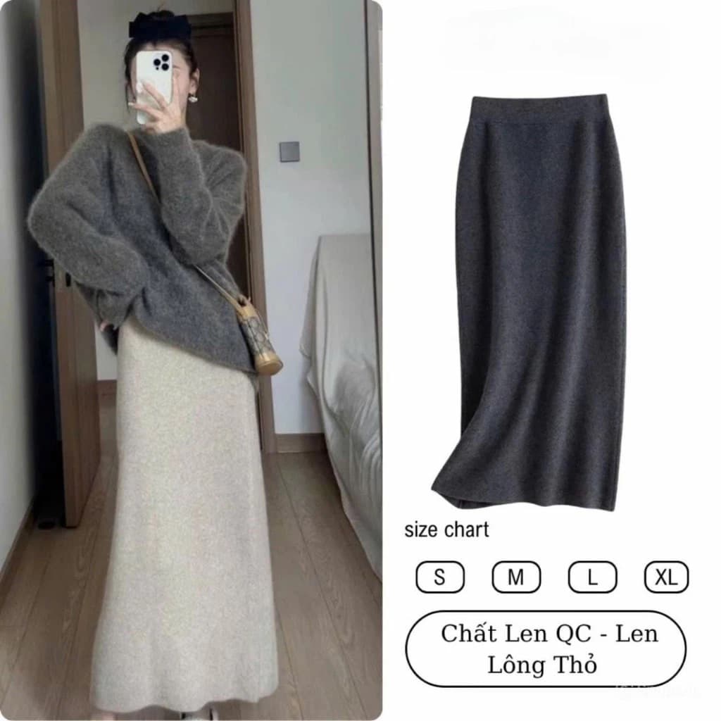 Chân Váy Midi Chữ A Vải Len Lông Thỏ Dáng Dài 88cm Xẻ Sau Cạp Chun Basic Dễ Mặc Phong Cách Đi Làm Đi Chơi