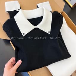 𝑨𝒏𝒏 𝑺𝒕𝒖𝒅𝒊𝒐 x 𝐐𝐂𝐂𝐂] Áo Len Nữ Dài Tay Cổ Polo Phối Tay, Áo Len Cổ Bẻ Tay Dài Form Ôm Phong Cách Hàn Quốc 7