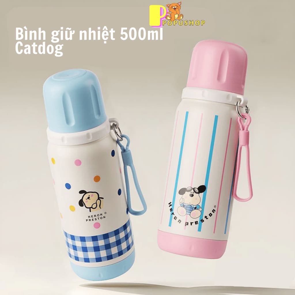 Bình giữ nhiệt cho bé hình thú dogcat 500ml inox 316 có nắp làm cốc, bình nước cho trẻ em giữ nhiệt 12h B055