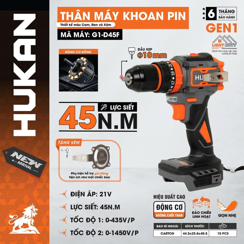 Máy khoan pin HUKAN G1-D45F, Lực siết 45Nm, 3 Chức năng - Đầu Autolock 10mm - Không chổi than