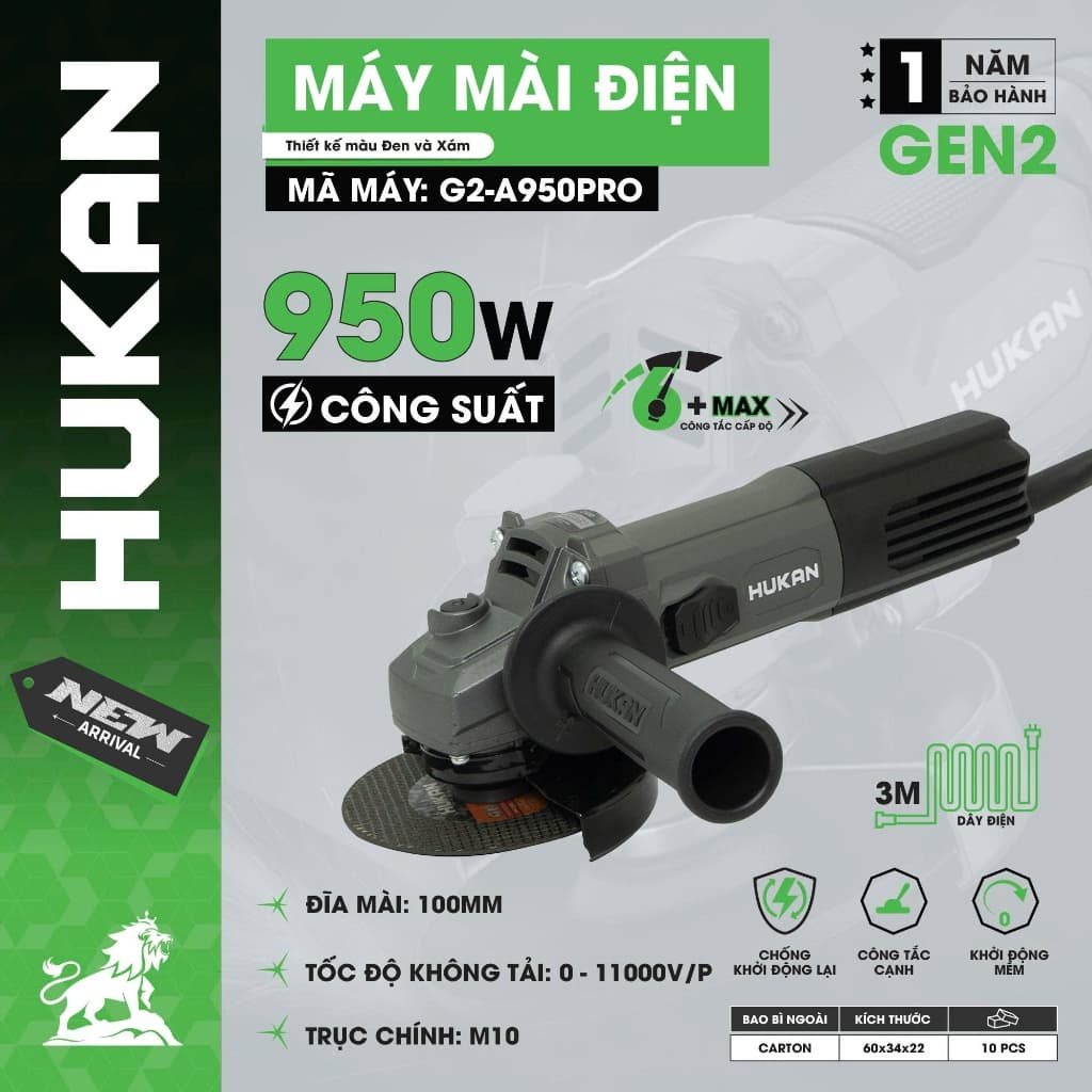 Máy cắt mài góc HUKAN G2-A950PRO, Công suất 950W, 6 cấp tốc - Khởi động mềm - Chống khởi động lại