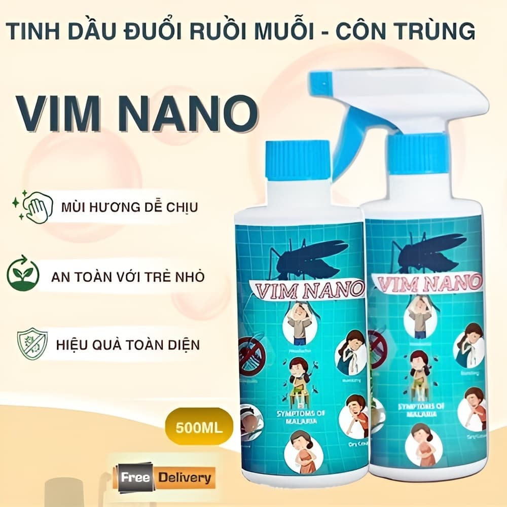 Xịt Đuổi Muỗi & Côn Trùng Vim Nano 500ml  – Tinh Dầu Tự Nhiên, An Toàn Cho Gia Đình