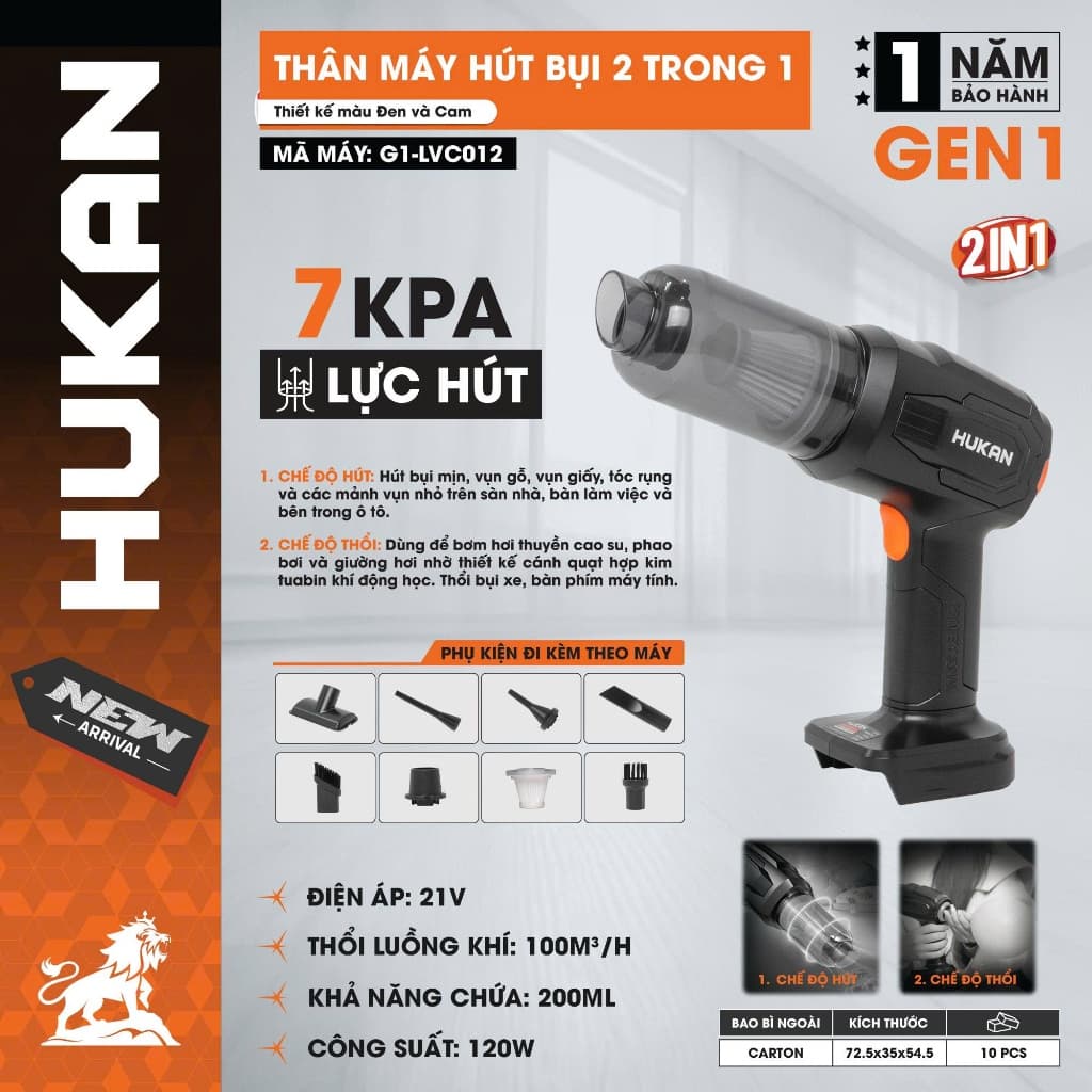 Máy hút bụi, thổi bụi pin HUKAN G1-LVC012, Công suất 120w, Bình chứa 200ml - Hút thổi ô tô, nệm
