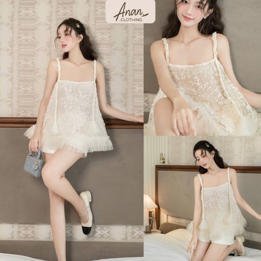 Set Áo 2 Dây Ren QC Tiểu Thư Kèm Quần, Đầm Babydoll Ren Hoa Dáng Xòe Đi Chơi Anan.clothing4
