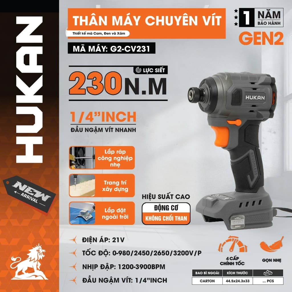 Máy chuyên vít pin HUKAN G2-CV231, Lực siết 230Nm, 4 Tốc độ, 4 tính năng, Không than, Chân phổ thông