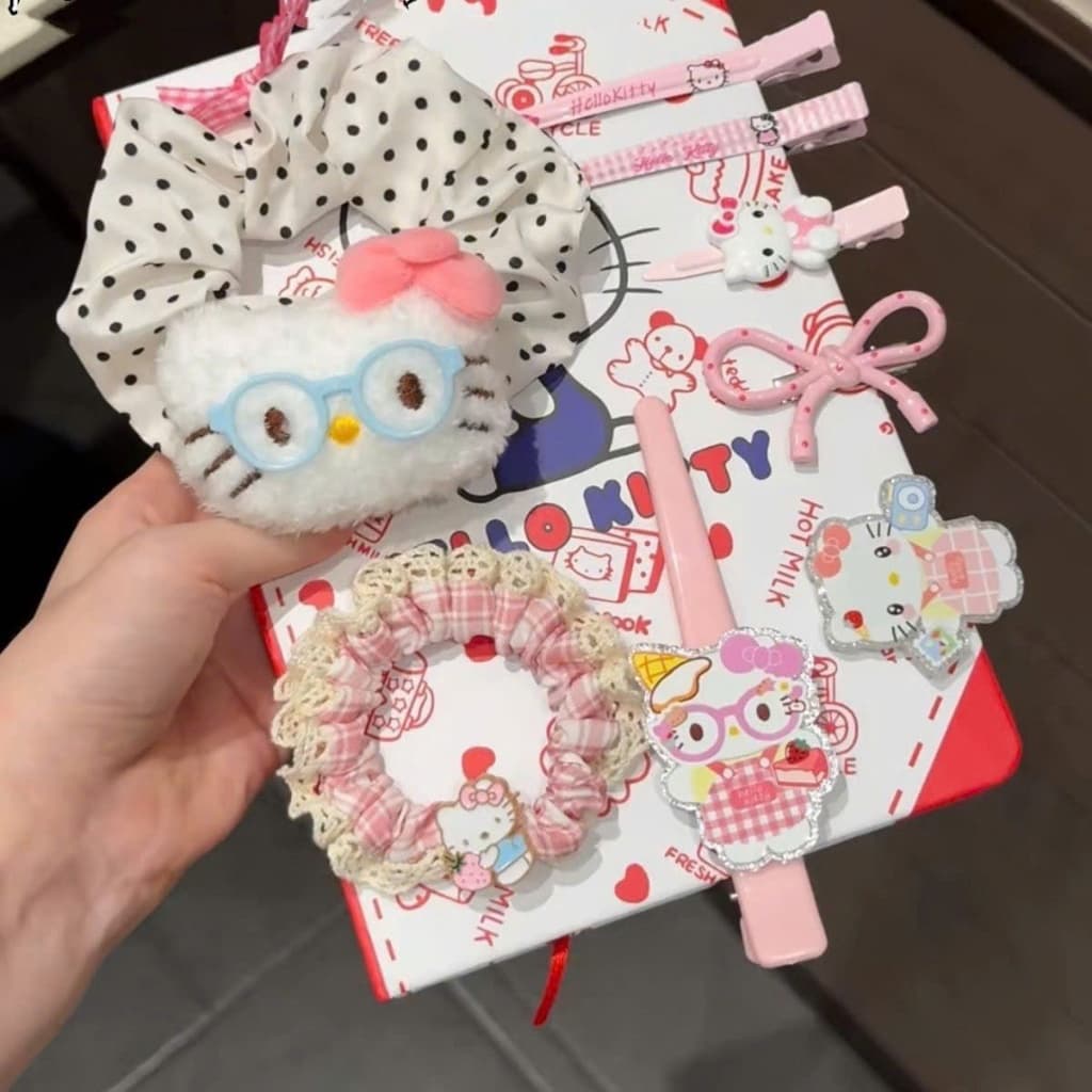 Set phụ kiện Hello Kitty 9 chi tiết đáng yêu hết nấc,Kẹp Tóc Mix Hình Thú, Nơ, Scrunchies Xinh