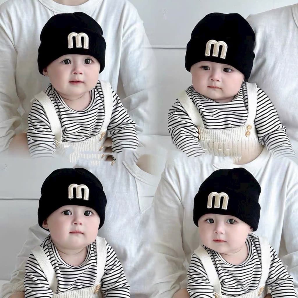 Mũ Len Thêu Chữ M Phong Cách Hàn Quốc Cho Bé Cưng, Mũ len mùa đông ấm áp cho bé, mũ len xinh xắn