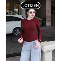 Áo Thun Nữ Dài Tay  AT02 Cổ Tròn, Cotton Mịn Dày Dặn, Siêu Co Giãn Mềm Mại, Tôn Dáng 1