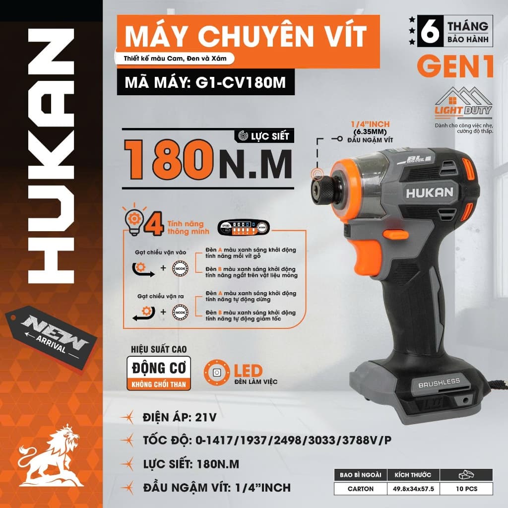 Máy chuyên vít có búa HUKAN G1-CV180M, Lực 180Nm, 5 tốc độ, 4 tính năng thông minh - Chân phổ thông