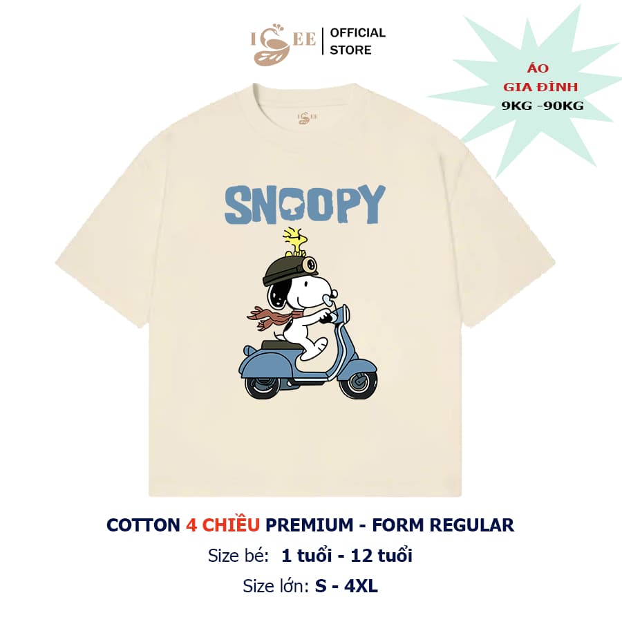 (Có áo người lớn) áo thun snoopy, áo phông hoạt hình snoopy, áo thun cho bé trai, bé gái mềm mịn, thấm hút tốt ISEE IS56